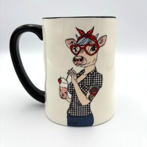 Signature‎ Housewares Retro Tattoo Cow Coffee/Tea 17.5 oz Mug White Black Handle